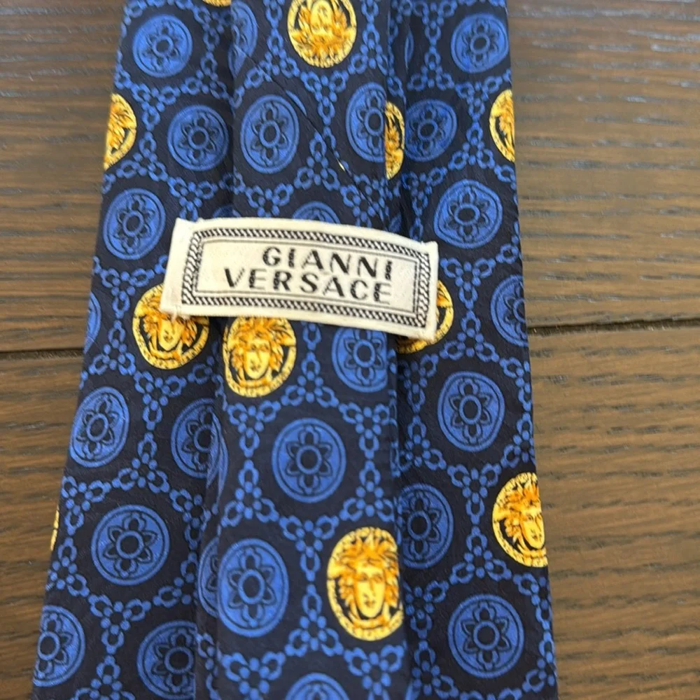 Gianni Versace Vintage Blue with Gold Medusa Print Silk Tie